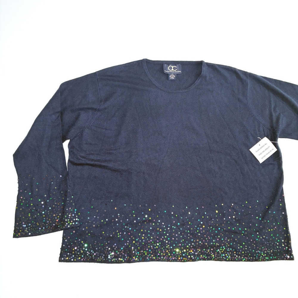 American Classics Anne Bowen Silk Blend Sweater Navy Blue Sequins Chic Office 3X